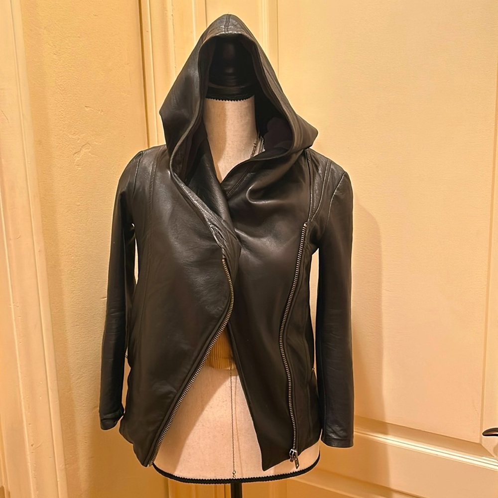 HELMET LANG black hooded leather jacket.